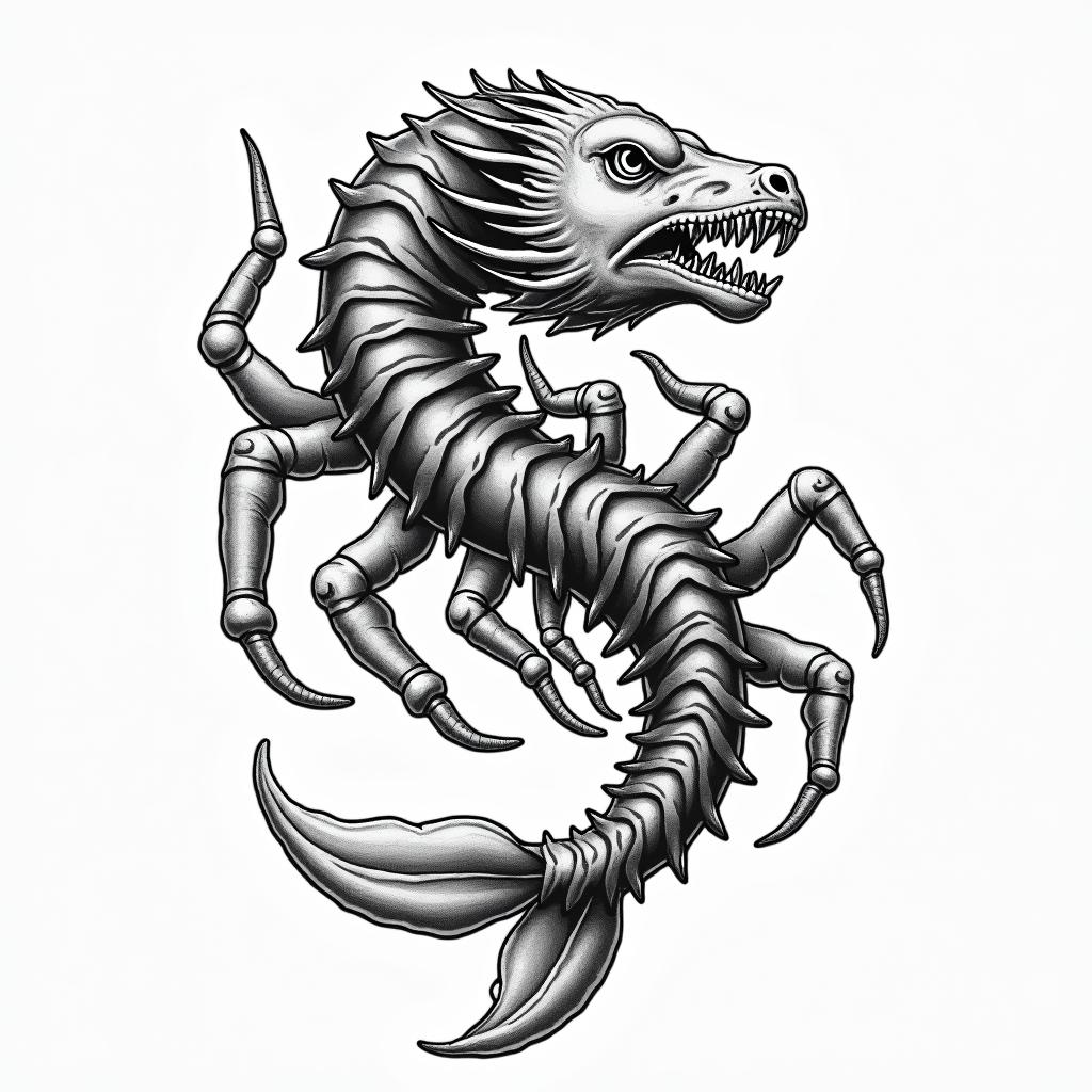 Cancer zodiacin authentic tattoo style, incorporating traditional modifications, bold black outlines, solid color fills, featuring classic authentic elements - Variation 3