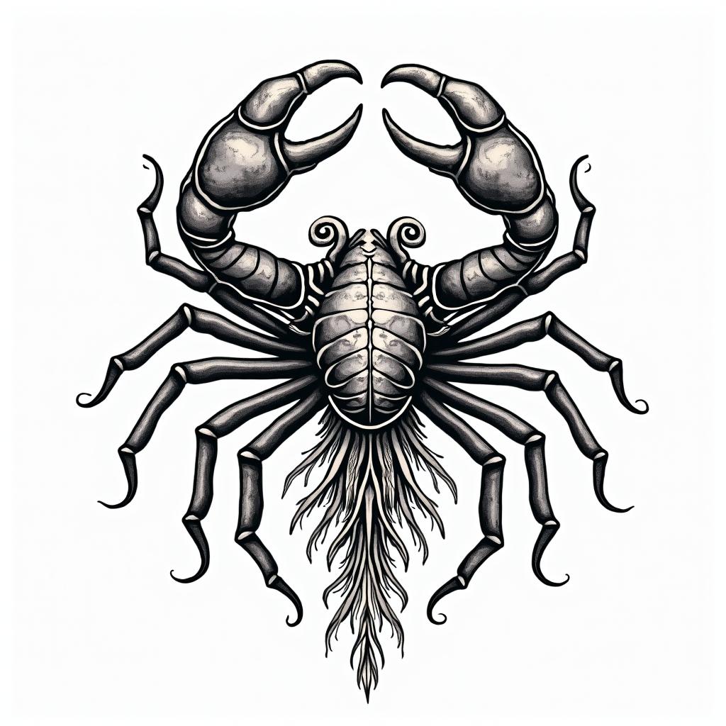 Cancer zodiacin authentic tattoo style, incorporating traditional modifications, bold black outlines, solid color fills, featuring classic authentic elements - Variation 4