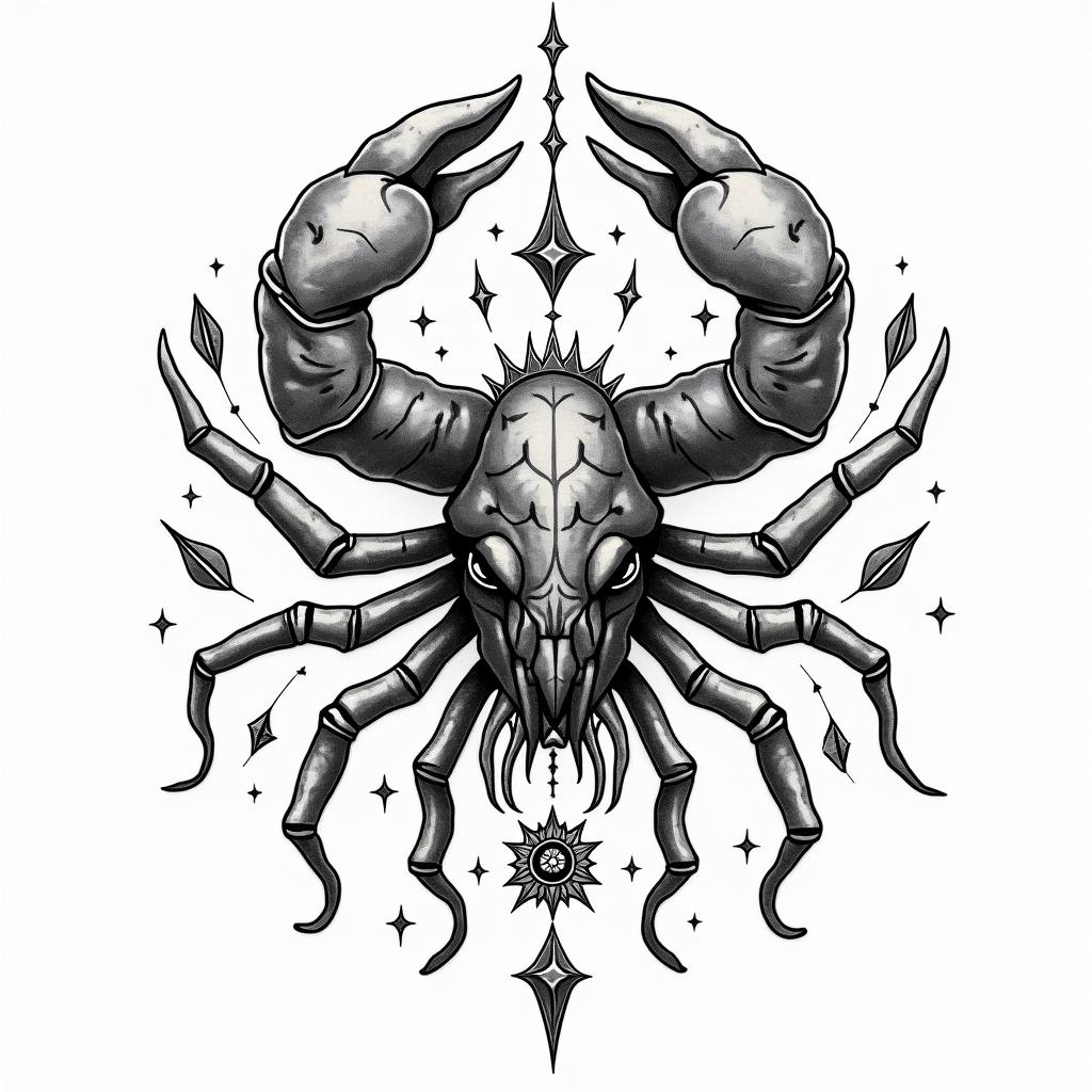 Cancer zodiacin authentic tattoo style, incorporating traditional modifications, bold black outlines, solid color fills, featuring classic authentic elements