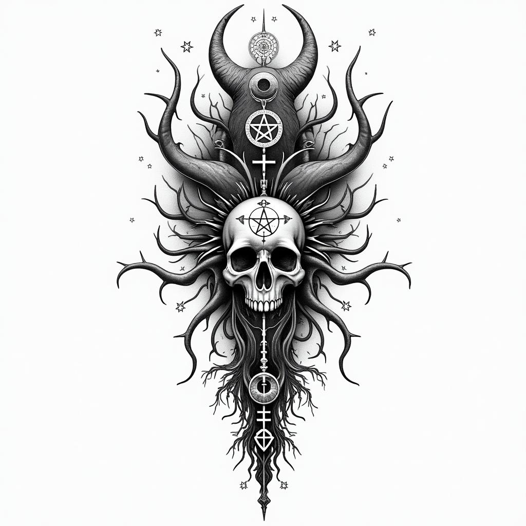 Slaughterin paganic style tattoo, featuring ancient symbols, add vegvisir symbol, mystical figures, incorporating designs, pentagrams, runes, crescent moons, - Variation 4