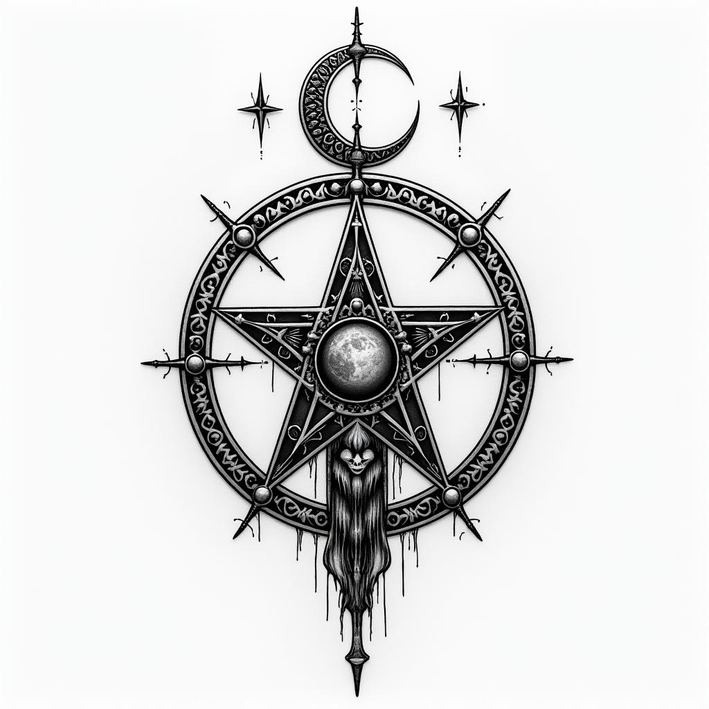 Slaughterin paganic style tattoo, featuring ancient symbols, add vegvisir symbol, mystical figures, incorporating designs, pentagrams, runes, crescent moons, - Variation 2