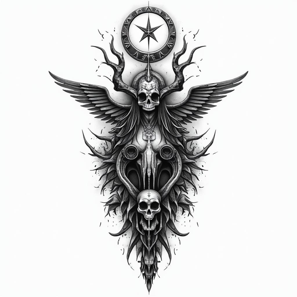 Slaughterin paganic style tattoo, featuring ancient symbols, add vegvisir symbol, mystical figures, incorporating designs, pentagrams, runes, crescent moons, - Variation 3