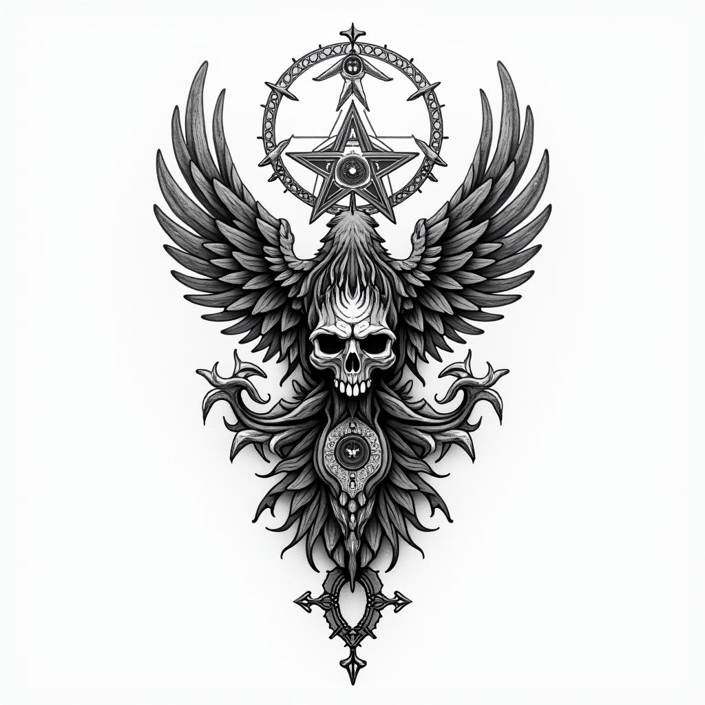 Slaughterin paganic style tattoo, featuring ancient symbols, add vegvisir symbol, mystical figures, incorporating designs, pentagrams, runes, crescent moons,