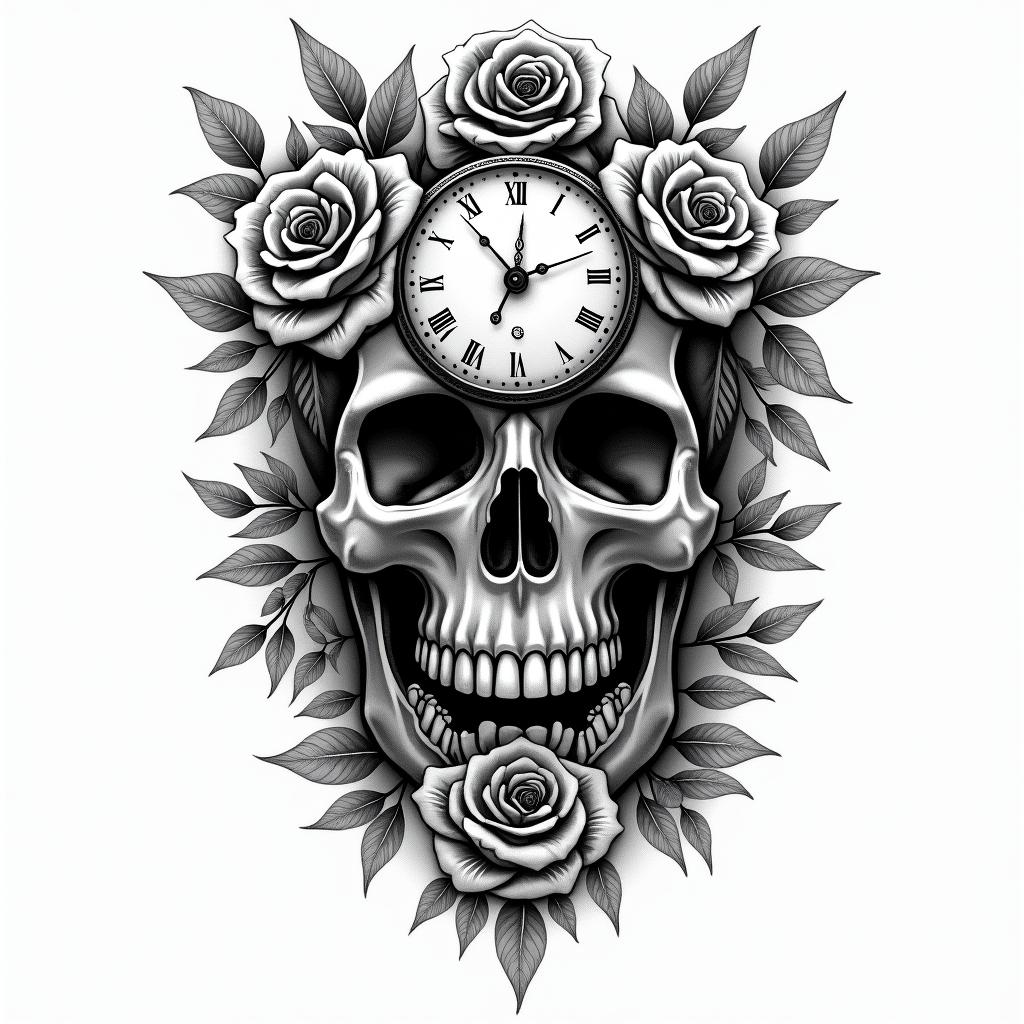 Skull with roses and clock elementsin bohemian style tattoo, 8k - Variation 4