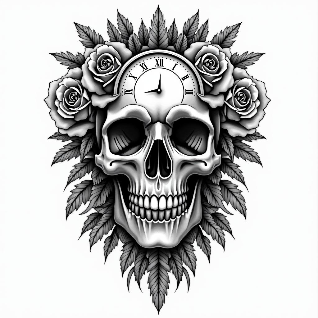 Skull with roses and clock elementsin bohemian style tattoo, 8k