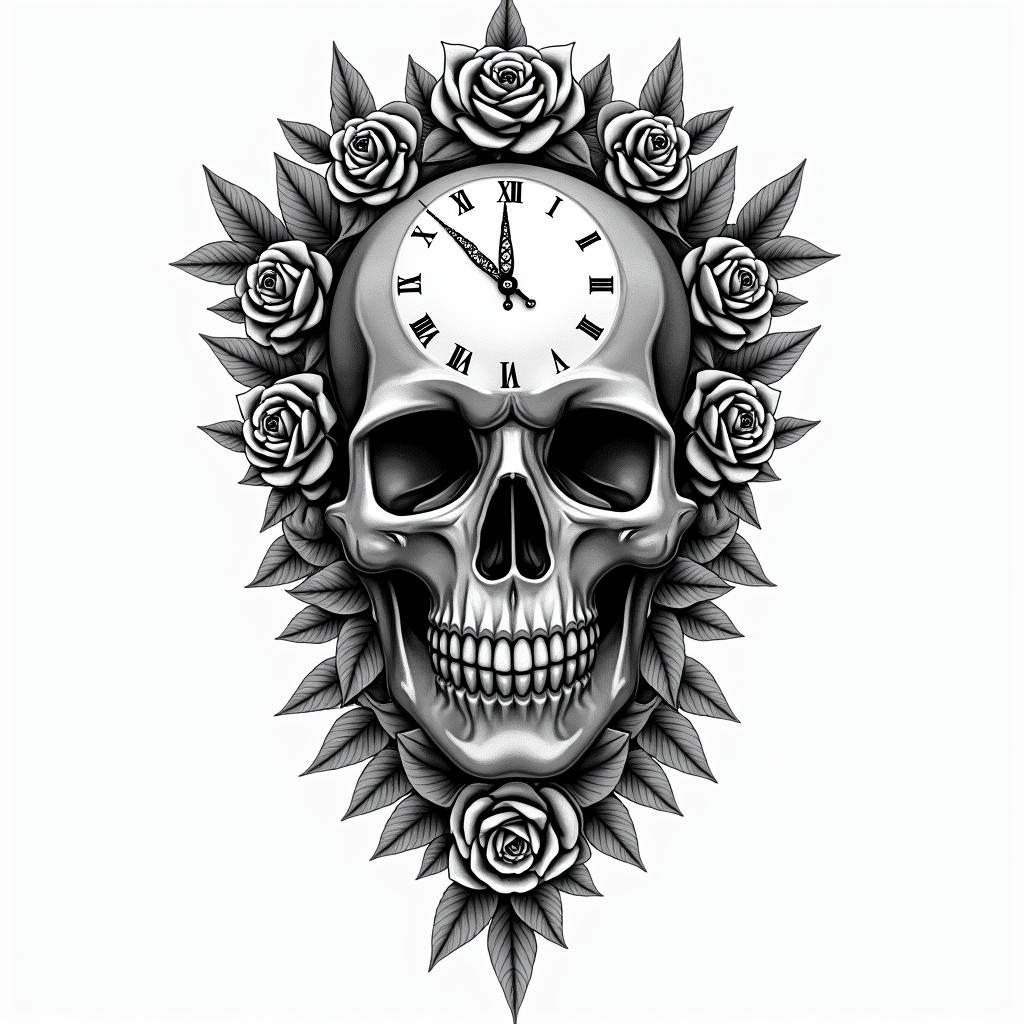 Skull with roses and clock elementsin bohemian style tattoo, 8k - Variation 3