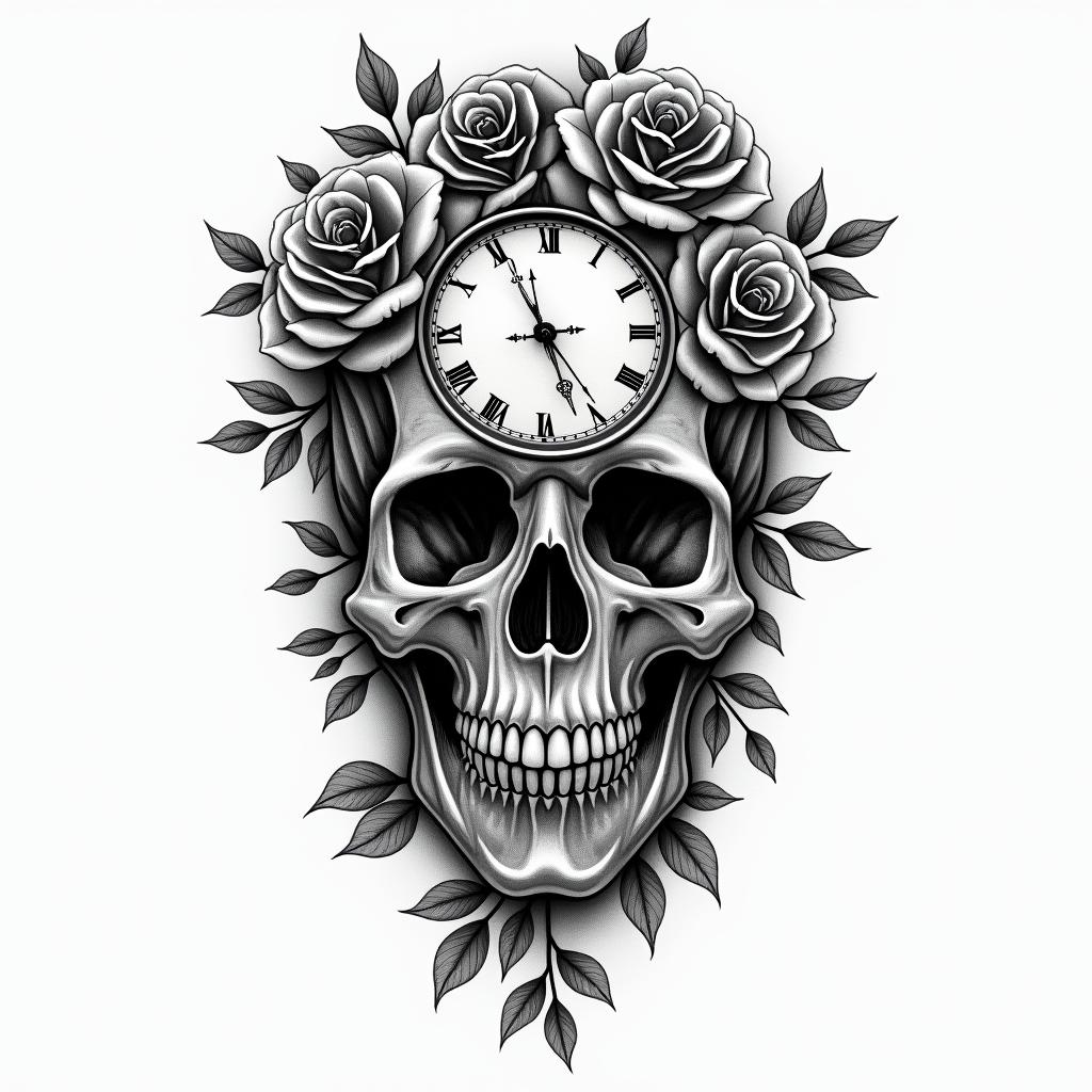 Skull with roses and clock elementsin bohemian style tattoo, 8k - Variation 2