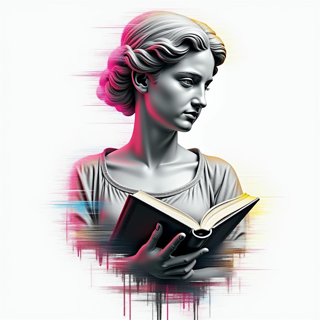 a girl holding a book while dancein distorted and fragmented tattoo design, featuring a classical statue bust, in a glitch art style with vibrant, overlapping colors of cyan, magenta, and yellow, creating a digital distortion effect