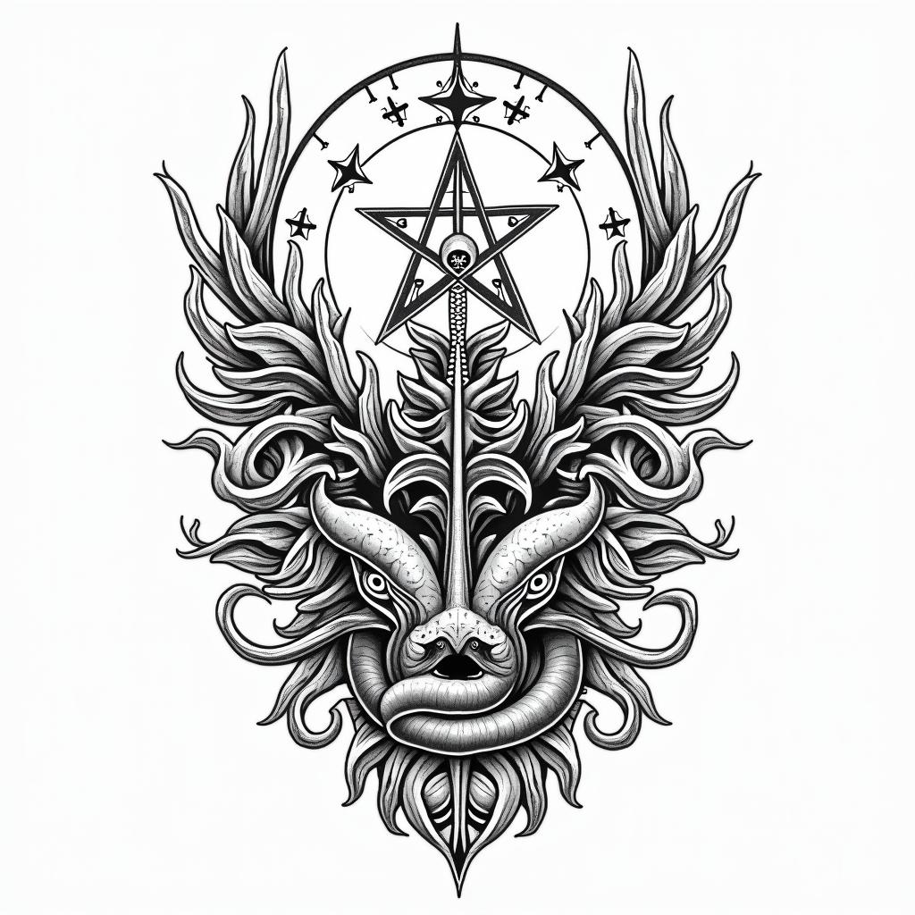 Ocean sea animalsin paganic style tattoo, featuring ancient symbols, add vegvisir symbol, mystical figures, incorporating designs, pentagrams, runes, crescent moons,