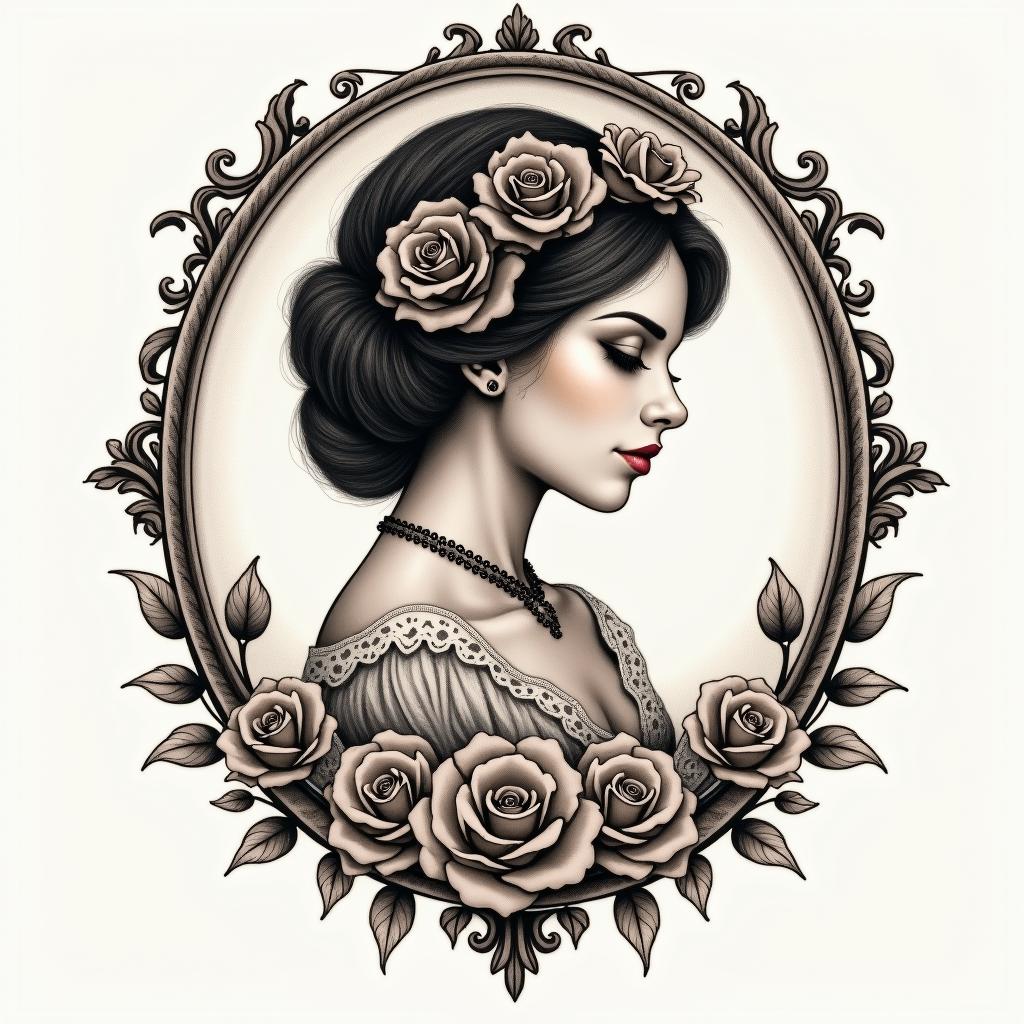 Dianain victorian style tattoo, featuring vintage and elegant elements, ornate frames, roses, antique, sepia-toned color scheme