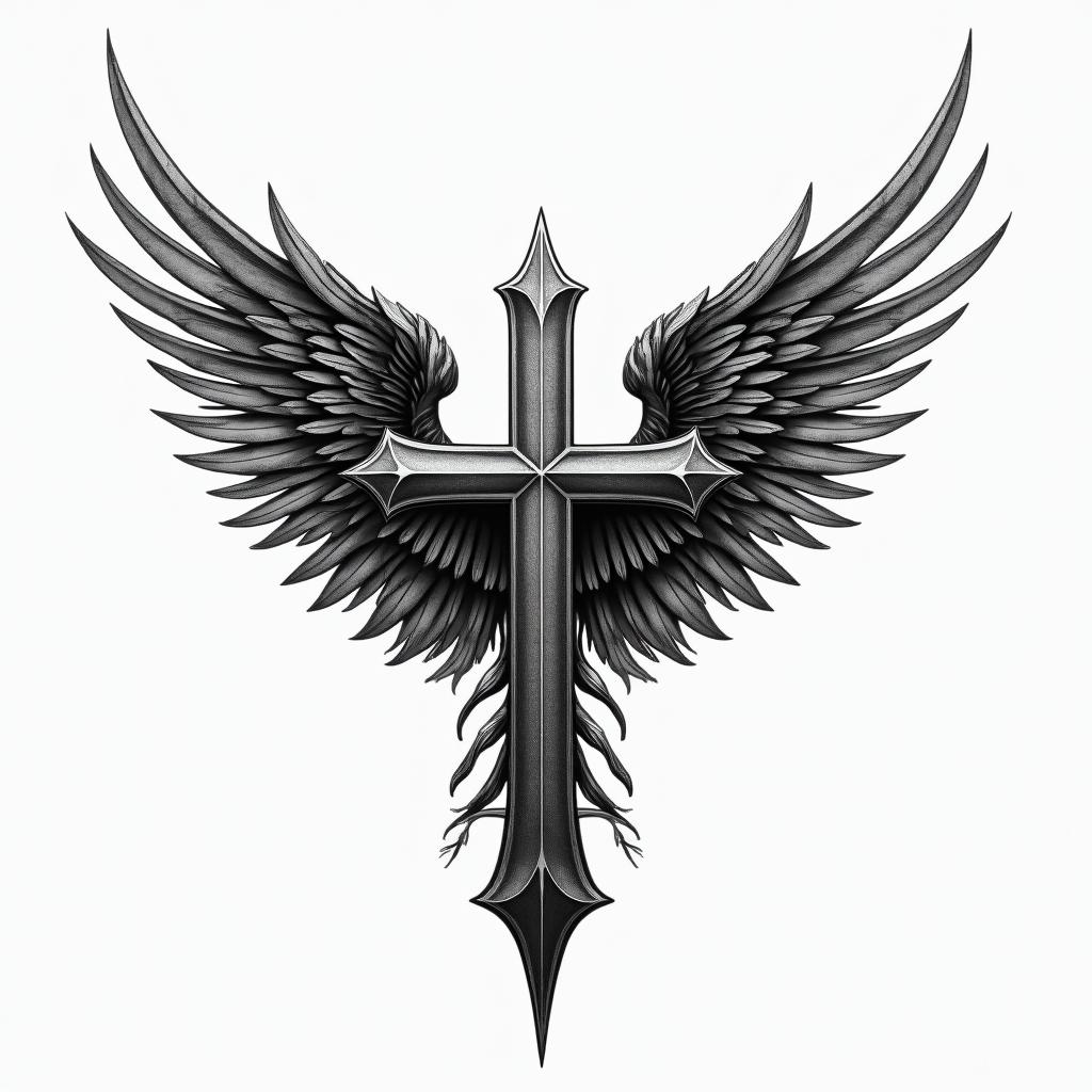 Cross and wings for tricephigly detailed tattoo - Variation 4