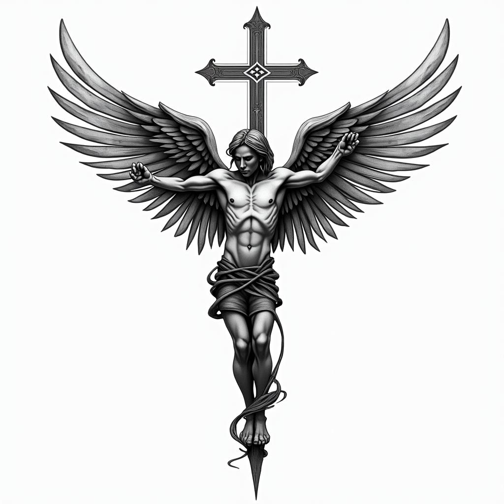 Cross and wings for tricephigly detailed tattoo - Variation 2