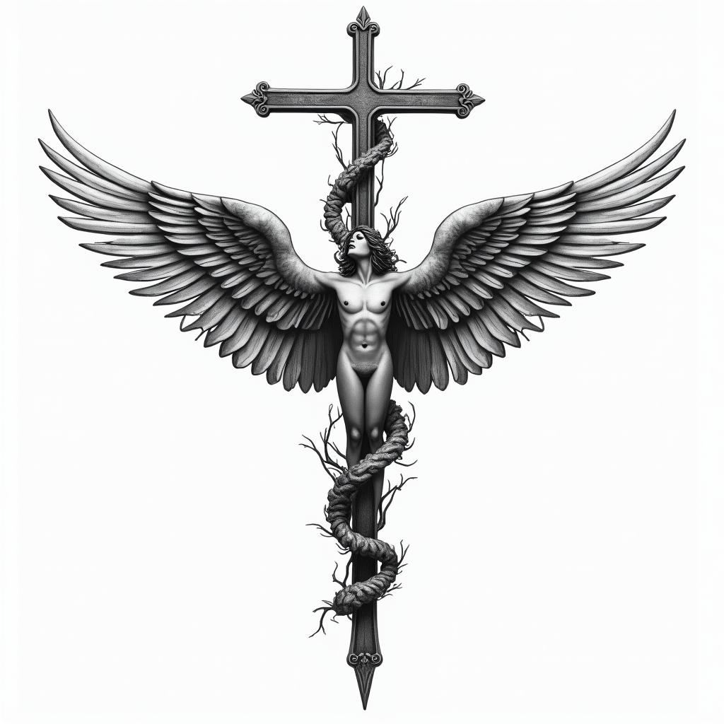 Cross and wings for tricephigly detailed tattoo