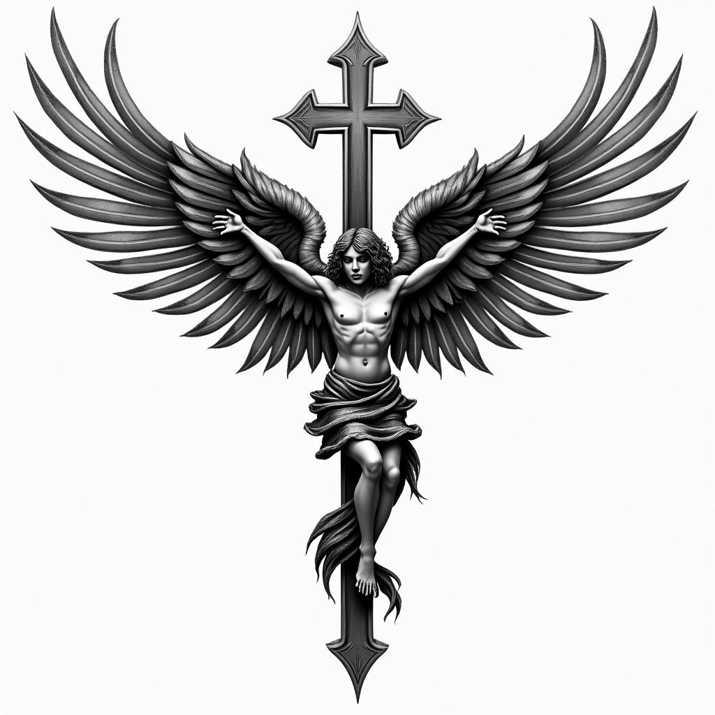 Cross and wings for tricephigly detailed tattoo - Variation 3