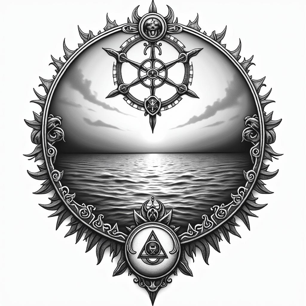 Sunset over the seain paganic style tattoo, featuring ancient symbols, add vegvisir symbol, mystical figures, incorporating designs, pentagrams, runes, crescent moons,