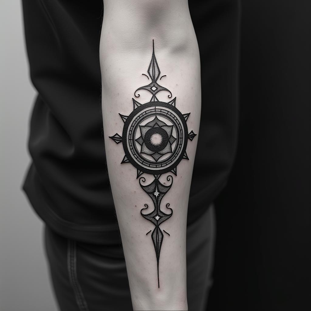 Theo, March, Detroitin spiritual symbols tattoo style, featuring an intricate design incorporating elements, Hamsa hand, third eye, minimalist composition - Variation 4