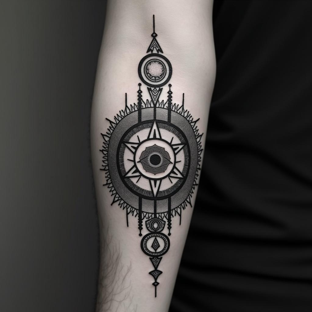 Theo, March, Detroitin spiritual symbols tattoo style, featuring an intricate design incorporating elements, Hamsa hand, third eye, minimalist composition - Variation 2