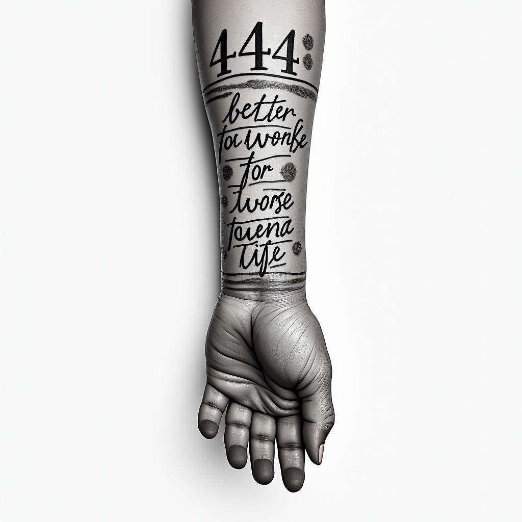 Design a 444 angle number
vertical wrist tattoo with words that have a meaning to the 444 for better, for worse, for lifehigly detailed tattoo