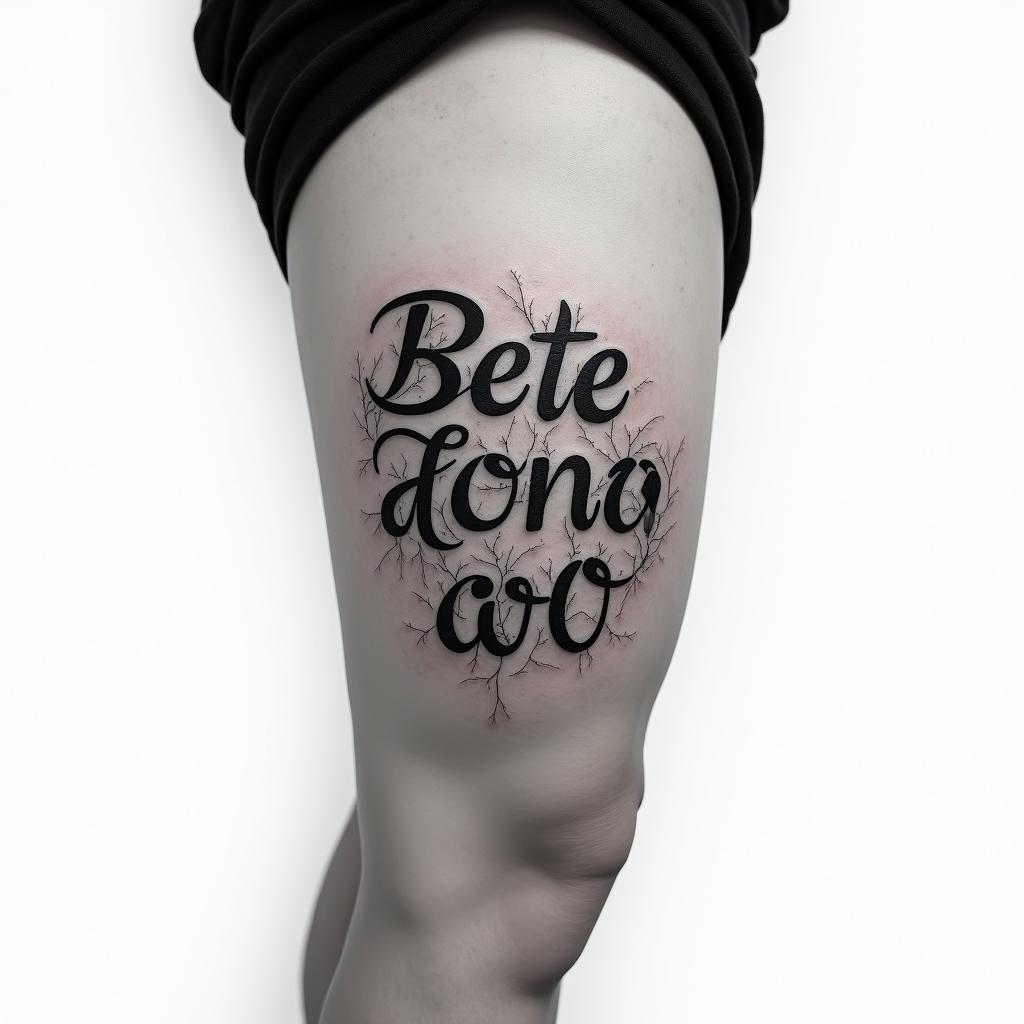 My name is BETE RENAUD, Use my name. Allude to modernity and God. It's a tattoo on the calf.text-based tattoo, japanese font ultra-realistic, perfectly placed, high-quality font design, photo-realistic shading, 8k, high quality, finely detailed typograph
