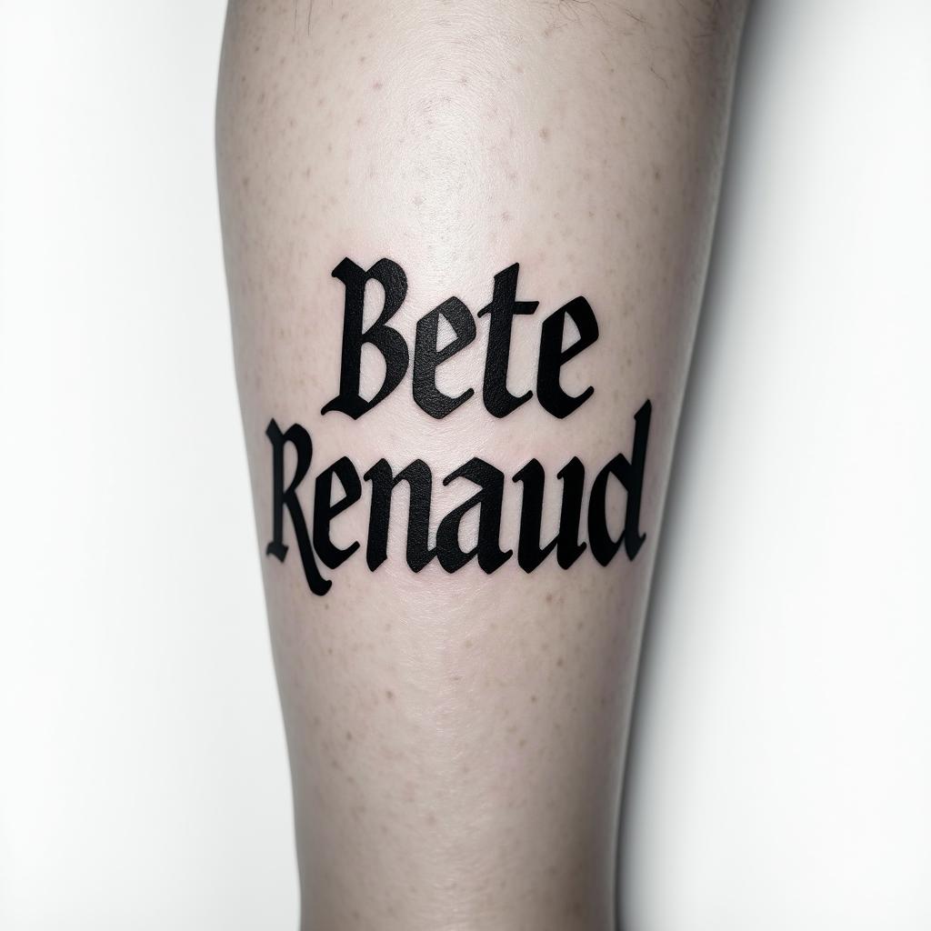My name is BETE RENAUD, Use my name. Allude to modernity and God. It's a tattoo on the calf.text-based tattoo, japanese font ultra-realistic, perfectly placed, high-quality font design, photo-realistic shading, 8k, high quality, finely detailed typograph - Variation 2