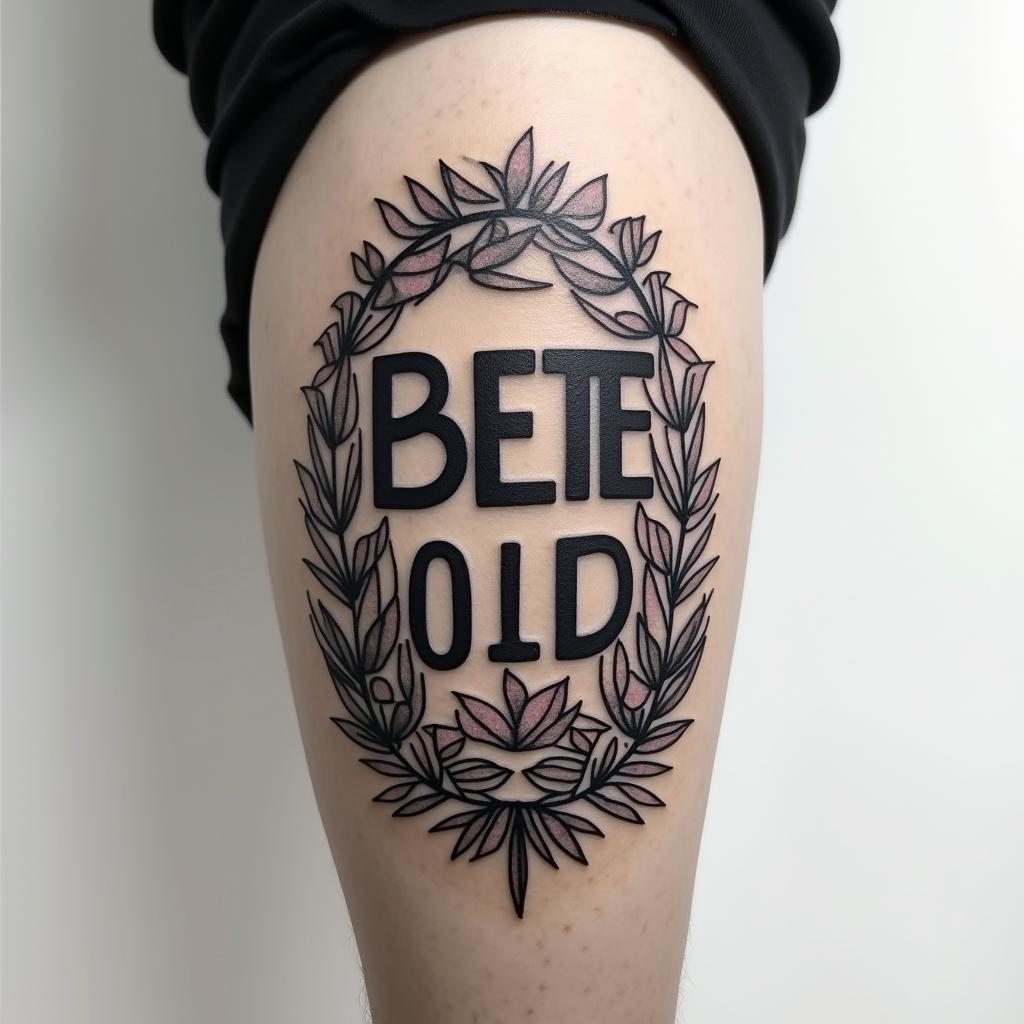 My name is BETE RENAUD, Use my name. Allude to modernity and God. It's a tattoo on the calf.text-based tattoo, japanese font ultra-realistic, perfectly placed, high-quality font design, photo-realistic shading, 8k, high quality, finely detailed typograph - Variation 3