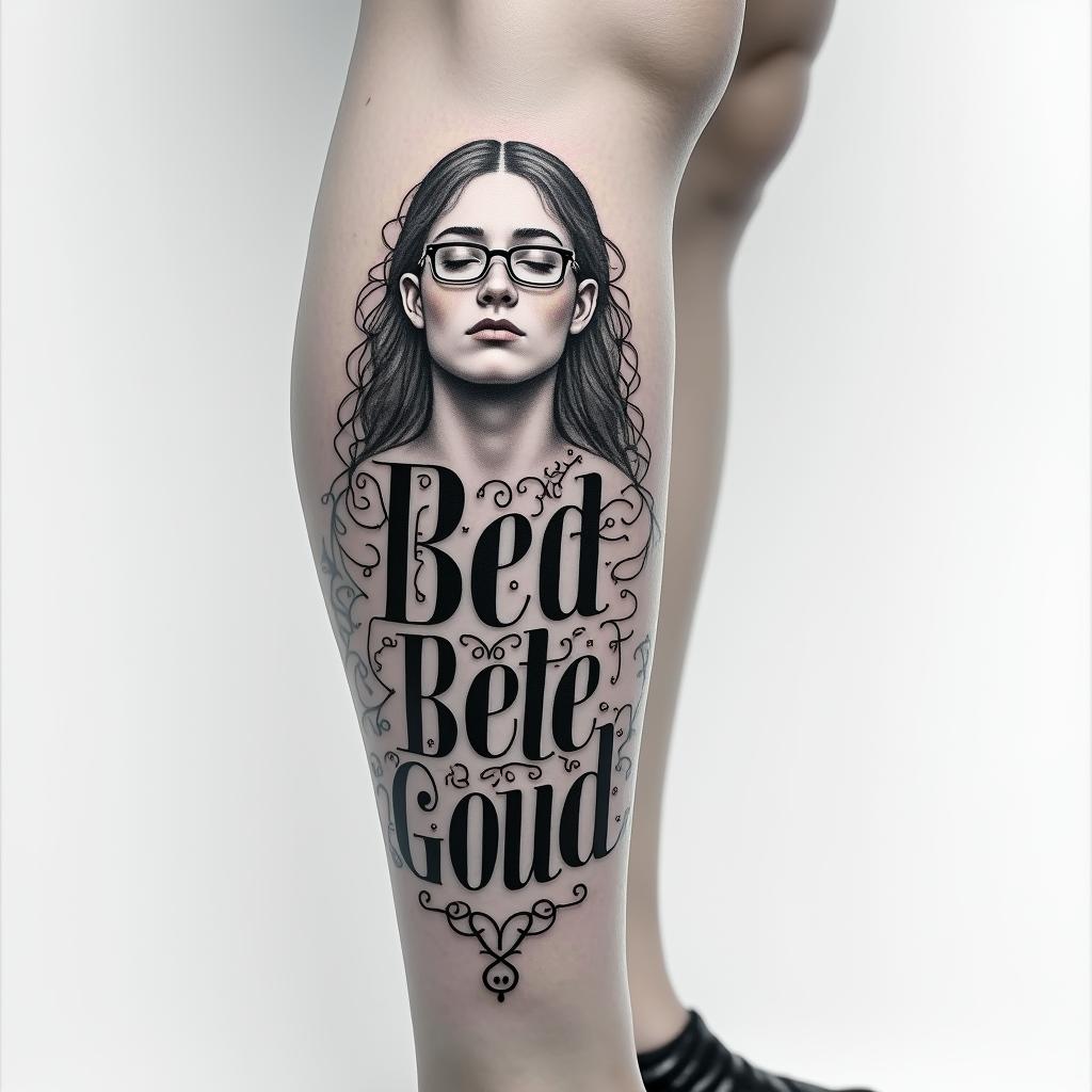 My name is BETE RENAUD, Use my name. Allude to modernity and God. It's a tattoo on the calf.text-based tattoo, japanese font ultra-realistic, perfectly placed, high-quality font design, photo-realistic shading, 8k, high quality, finely detailed typograph - Variation 4