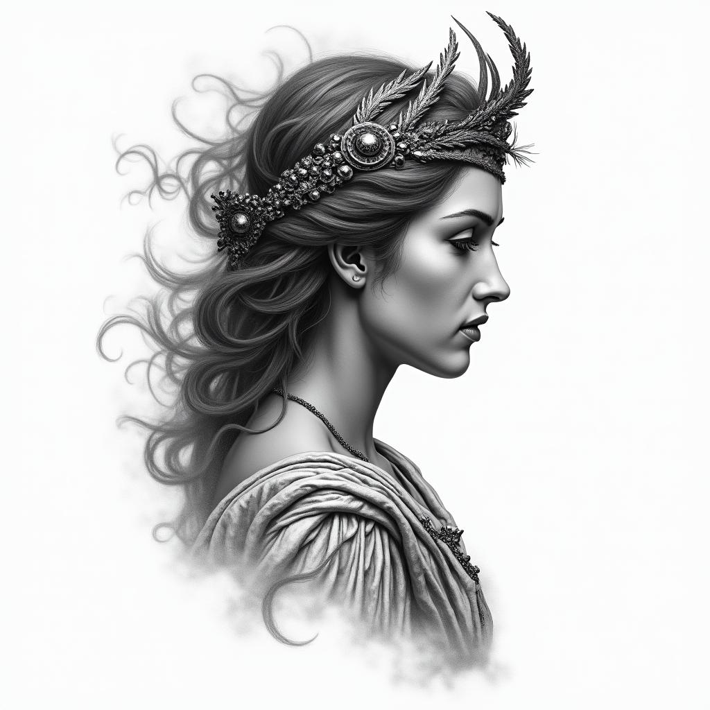 Athena, the goddess of war, firehigly detailed tattoo - Variation 2