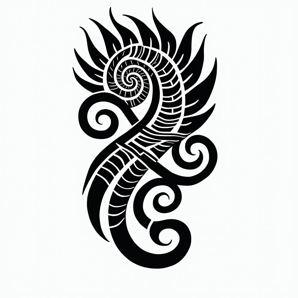 Kaw musicin tribal tattoo style, featuring bold and black geometric shapes, curved lines, intertwine and flow seamlessly, creating a powerful and symbolic design, polynesian and maori styles - Variation 4