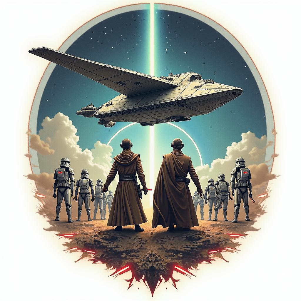 A bold tattoo featuring a Venator-class starship soaring through the stars, with the Jedi Order symbol in the background. Centered are two iconic Jedi, Obi-Wan and Anakin, depicted in dynamic poses wielding their lightsabers, conveying bravery. Surrounding them are loyal clone troopers standing at attention, representing camaraderie and loyalty. The design includes a rich color palette reminiscent of the Star Wars universe, blending shades of blue, green, and hints of battle-worn metal to enhance the epic feel of the scene.higly detailed tattoo - Variation 3