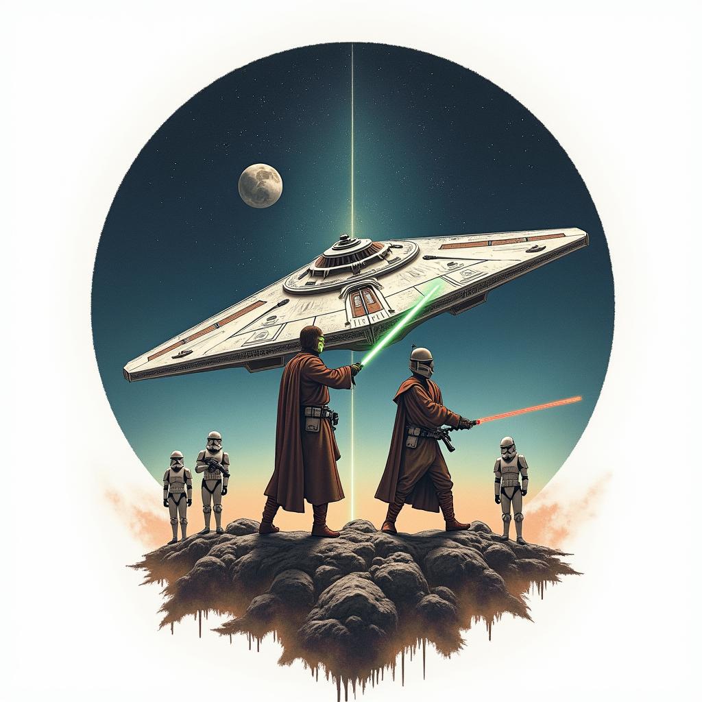 A bold tattoo featuring a Venator-class starship soaring through the stars, with the Jedi Order symbol in the background. Centered are two iconic Jedi, Obi-Wan and Anakin, depicted in dynamic poses wielding their lightsabers, conveying bravery. Surrounding them are loyal clone troopers standing at attention, representing camaraderie and loyalty. The design includes a rich color palette reminiscent of the Star Wars universe, blending shades of blue, green, and hints of battle-worn metal to enhance the epic feel of the scene.higly detailed tattoo - Variation 2