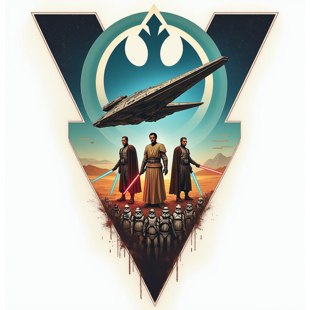 A bold tattoo featuring a Venator-class starship soaring through the stars, with the Jedi Order symbol in the background. Centered are two iconic Jedi, Obi-Wan and Anakin, depicted in dynamic poses wielding their lightsabers, conveying bravery. Surrounding them are loyal clone troopers standing at attention, representing camaraderie and loyalty. The design includes a rich color palette reminiscent of the Star Wars universe, blending shades of blue, green, and hints of battle-worn metal to enhance the epic feel of the scene.higly detailed tattoo