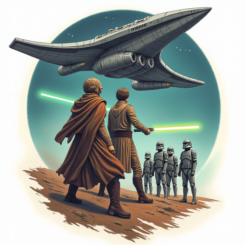 A bold tattoo featuring a Venator-class starship soaring through the stars, with the Jedi Order symbol in the background. Centered are two iconic Jedi, Obi-Wan and Anakin, depicted in dynamic poses wielding their lightsabers, conveying bravery. Surrounding them are loyal clone troopers standing at attention, representing camaraderie and loyalty. The design includes a rich color palette reminiscent of the Star Wars universe, blending shades of blue, green, and hints of battle-worn metal to enhance the epic feel of the scene.higly detailed tattoo - Variation 4