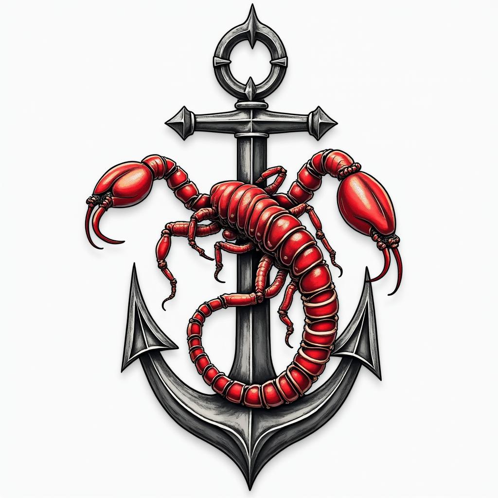 Horizontal tattoo of a red scorpion and a sexy woman intertwined with an anchor.higly detailed tattoo