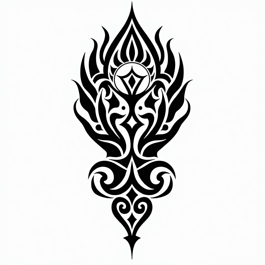 I want a buddhism hand with a flaming sun and arabic letters meaning water signs.in tribal tattoo style, featuring bold and black geometric shapes, curved lines, intertwine and flow seamlessly, creating a powerful and symbolic design, polynesian and maori styles - Variation 2