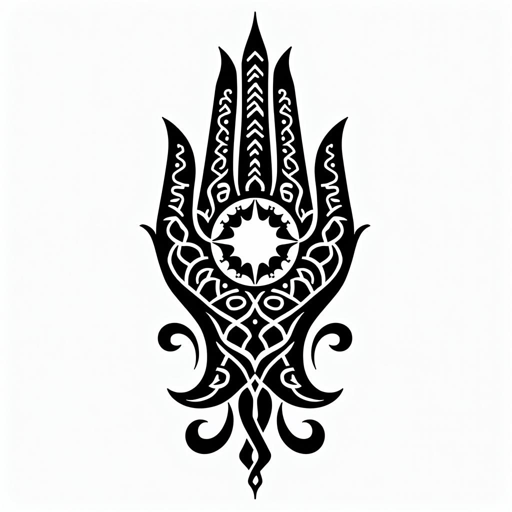 I want a buddhism hand with a flaming sun and arabic letters meaning water signs.in tribal tattoo style, featuring bold and black geometric shapes, curved lines, intertwine and flow seamlessly, creating a powerful and symbolic design, polynesian and maori styles - Variation 4
