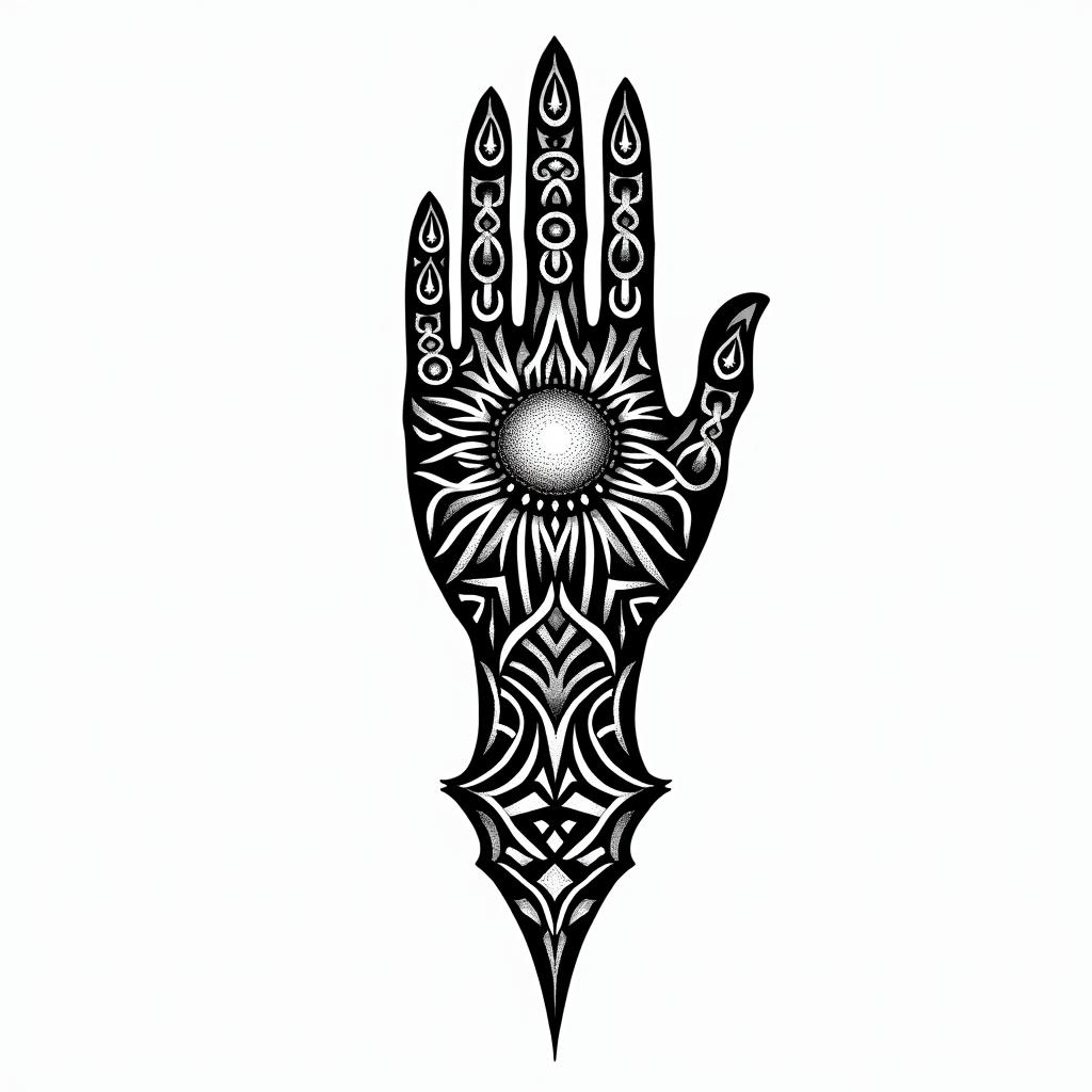 I want a buddhism hand with a flaming sun and arabic letters meaning water signs.in tribal tattoo style, featuring bold and black geometric shapes, curved lines, intertwine and flow seamlessly, creating a powerful and symbolic design, polynesian and maori styles - Variation 1