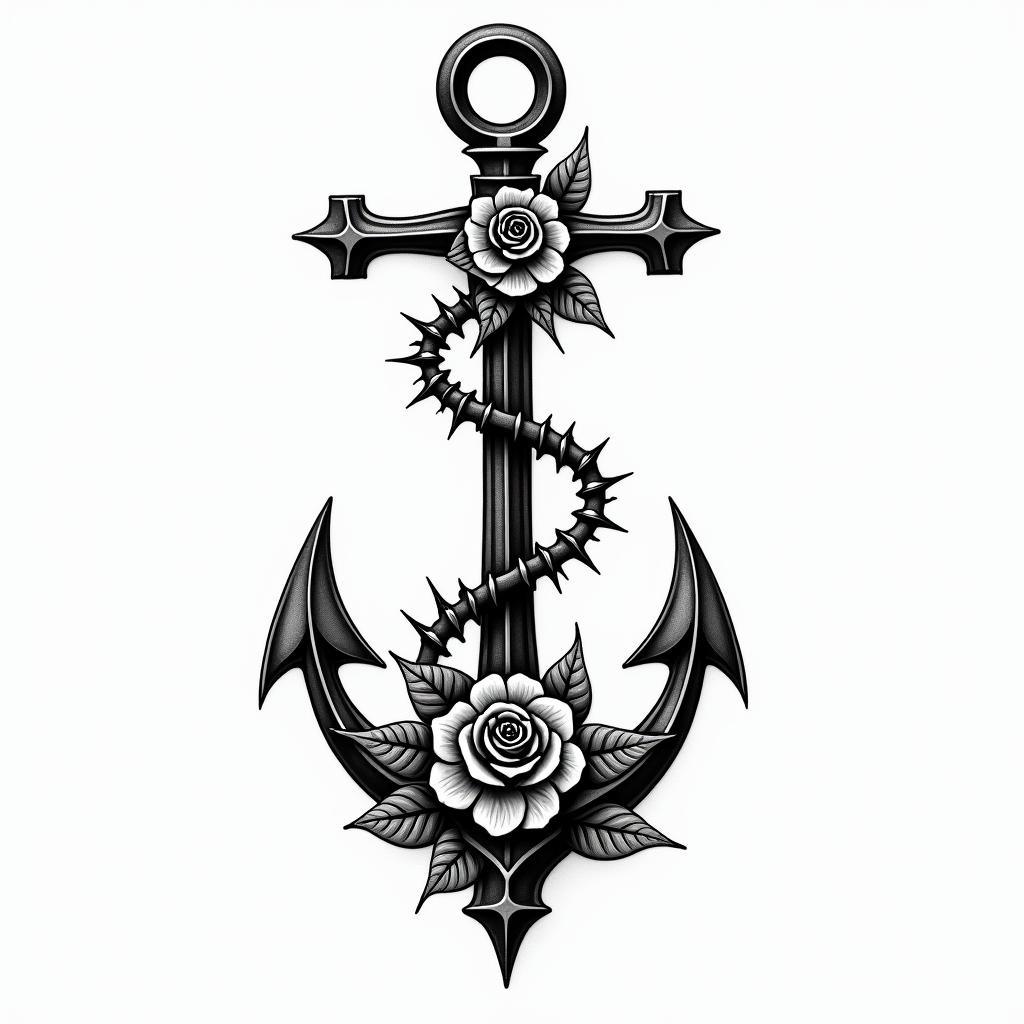 Linked anchor with roses and thornshigly detailed tattoo - Variation 1