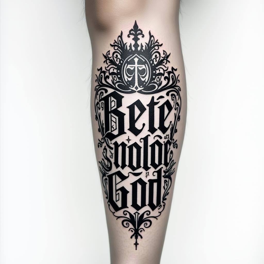 My name is BETE RENAUD, Use my name. Allude to modernity and God. It's a tattoo on the calf.text-based tattoo, gothic font ultra-realistic, perfectly placed, high-quality font design, photo-realistic shading, 8k, high quality, finely detailed typography - Variation 4