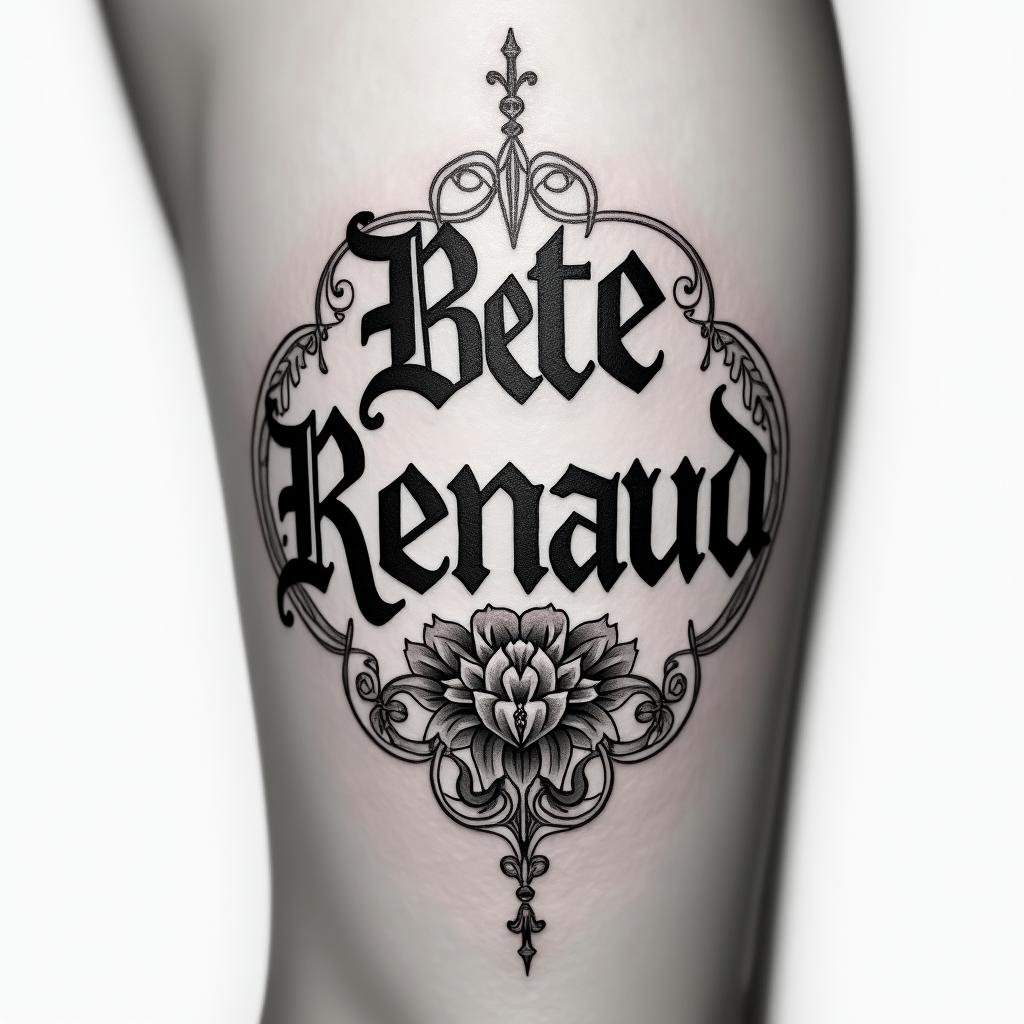 My name is BETE RENAUD, Use my name. Allude to modernity and God. It's a tattoo on the calf.text-based tattoo, gothic font ultra-realistic, perfectly placed, high-quality font design, photo-realistic shading, 8k, high quality, finely detailed typography - Variation 2