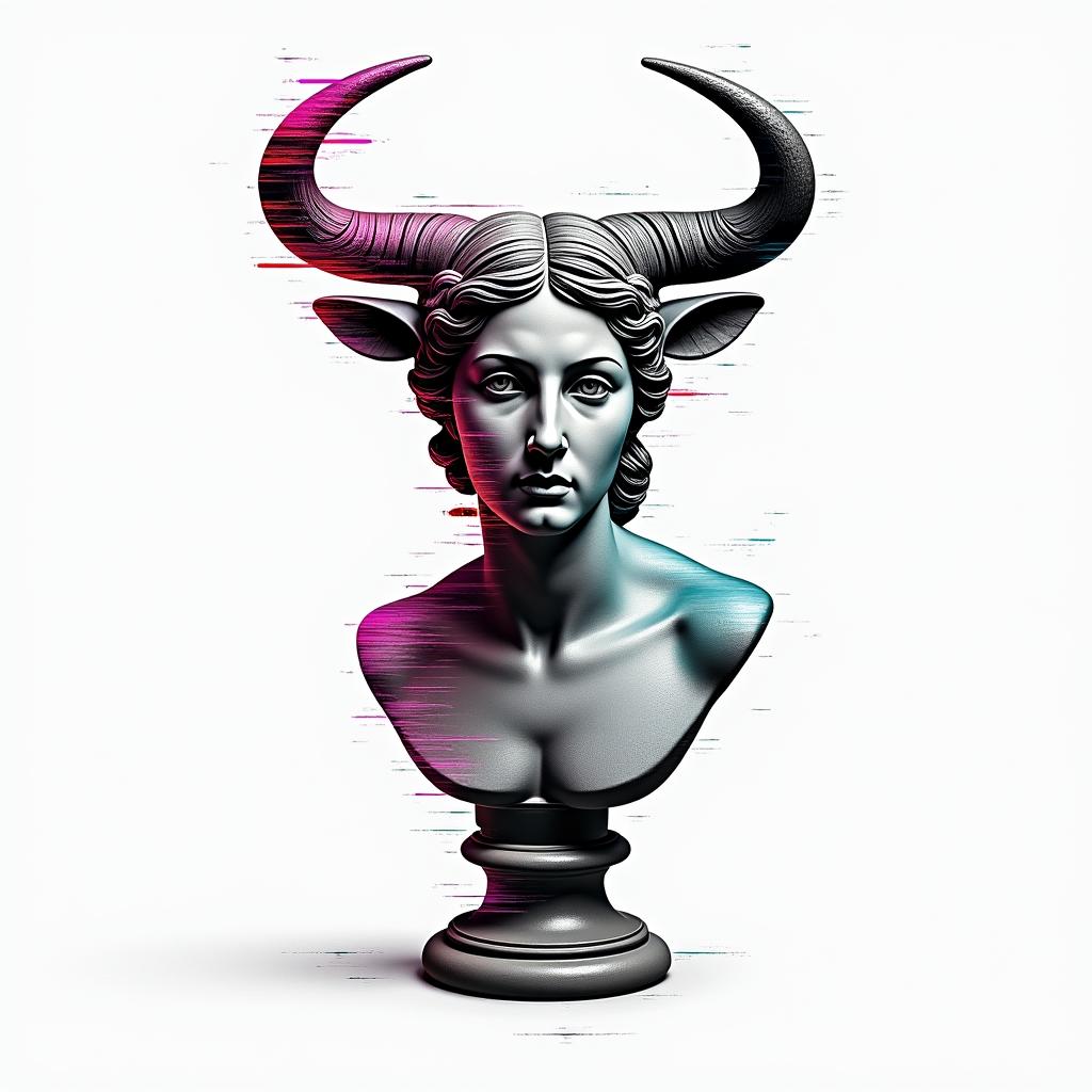 Destiny, Taurus, Floridain distorted and fragmented tattoo design, featuring a classical statue bust, in a glitch art style with vibrant, overlapping colors of cyan, magenta, and yellow, creating a digital distortion effect - Variation 1