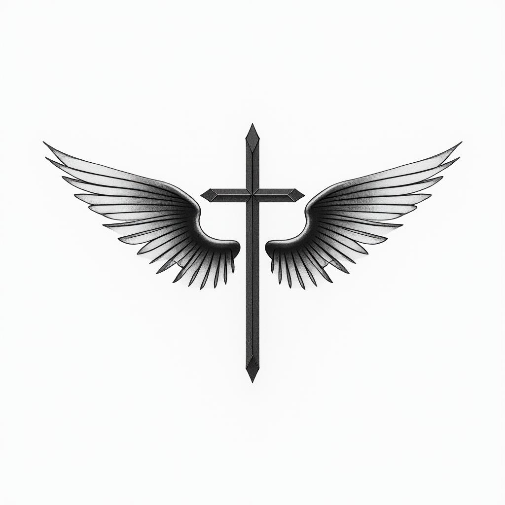 Cross and wings for tricepin minimalist style tattoo, featuring simple shapes and fine lines, with minimal shading and details, tiny triangles, creating a sense of balance and harmony