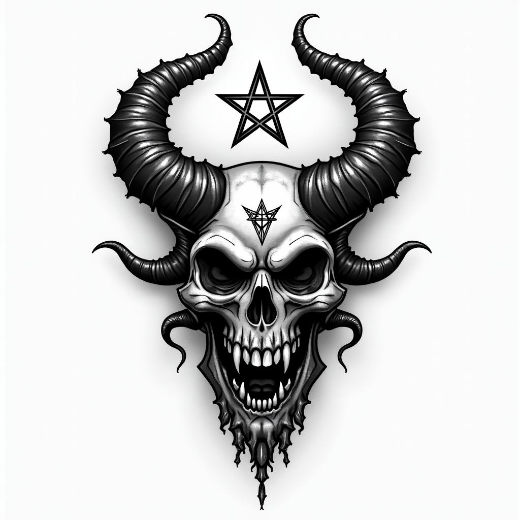 Nix the goddess of deathcreepy horror tattoo style, featuring an eerie and unsettling skull of a demonic creature, distorted face with sharp fangs, add pentagram symbol - Variation 2