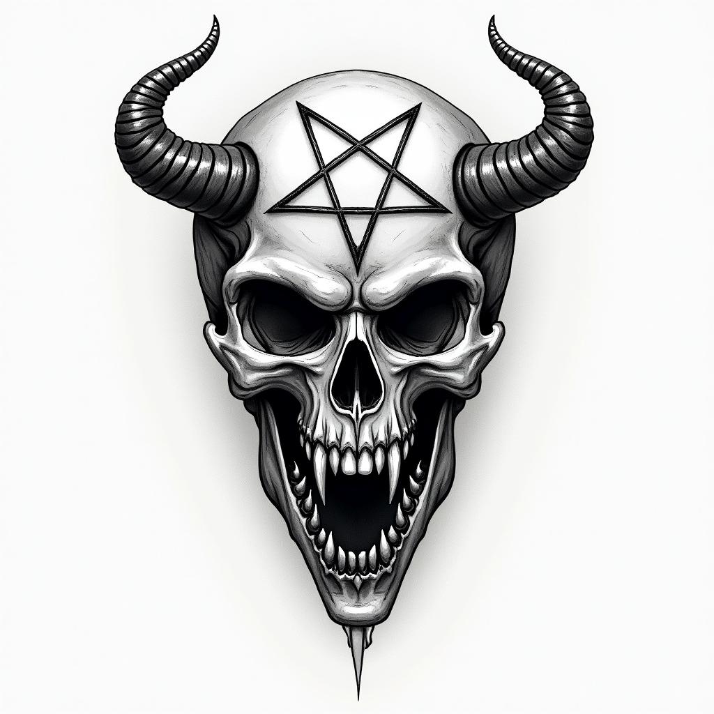 Nix the goddess of deathcreepy horror tattoo style, featuring an eerie and unsettling skull of a demonic creature, distorted face with sharp fangs, add pentagram symbol - Variation 4