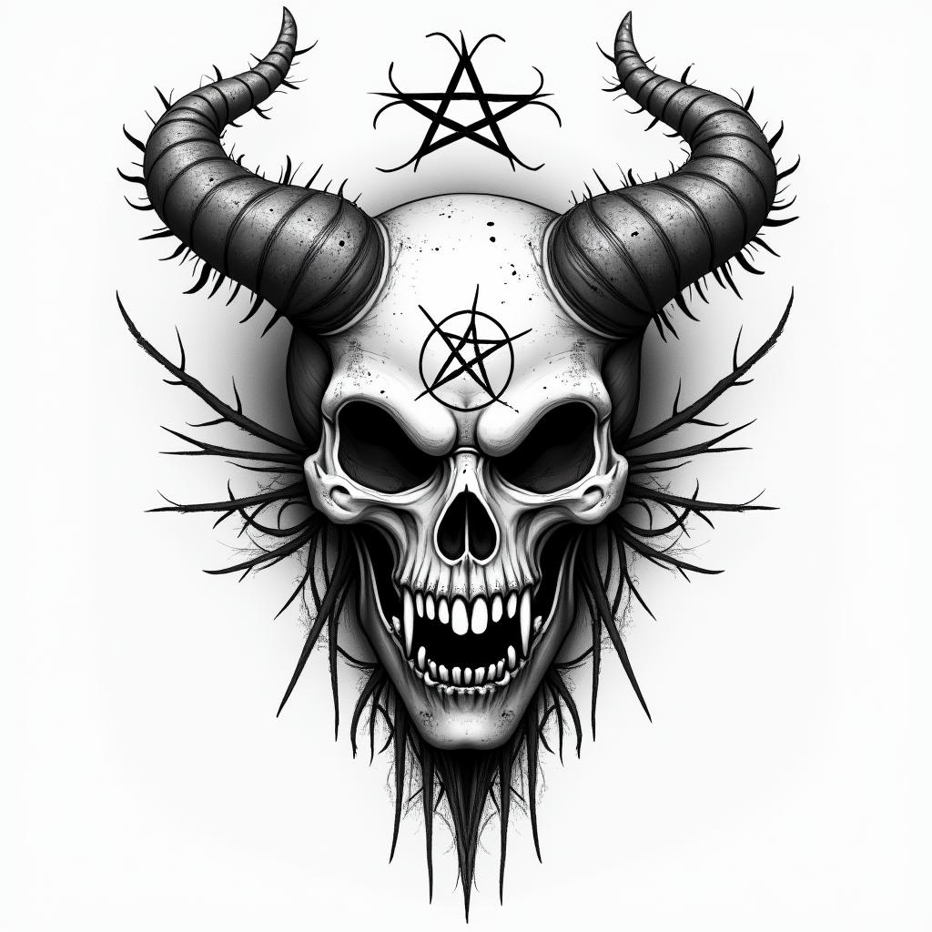 Nix the goddess of deathcreepy horror tattoo style, featuring an eerie and unsettling skull of a demonic creature, distorted face with sharp fangs, add pentagram symbol - Variation 3