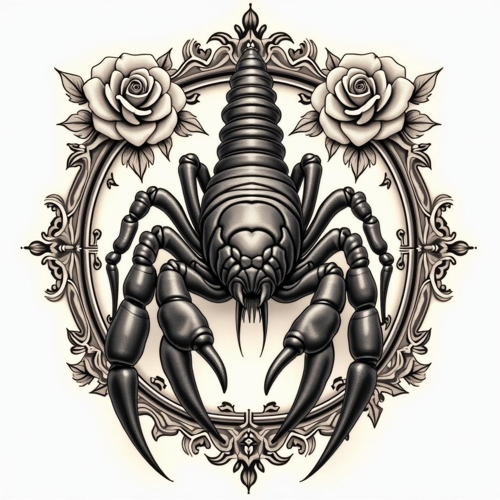 Scorpion with sharp, detailed clawsin victorian style tattoo, featuring vintage and elegant elements, ornate frames, roses, antique, sepia-toned color scheme - Variation 4