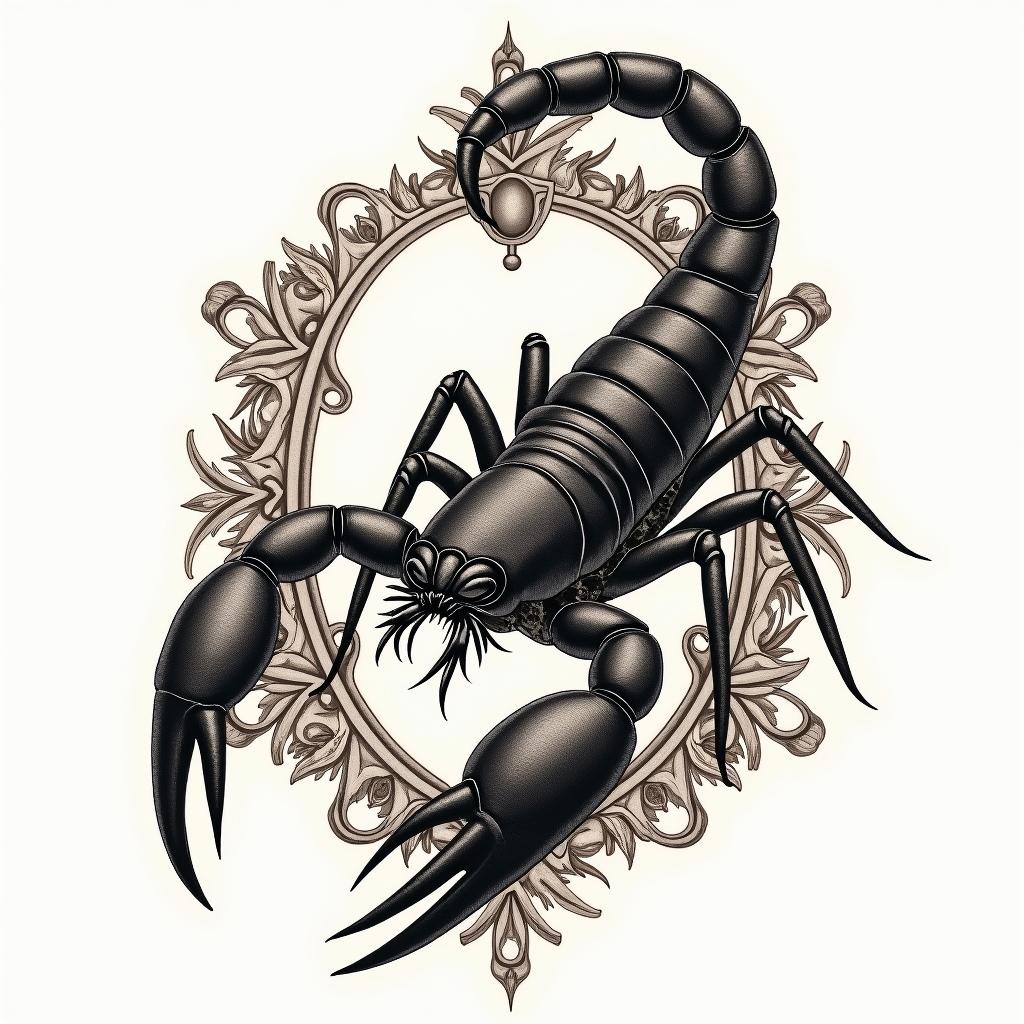 Scorpion with sharp, detailed clawsin victorian style tattoo, featuring vintage and elegant elements, ornate frames, roses, antique, sepia-toned color scheme - Variation 1