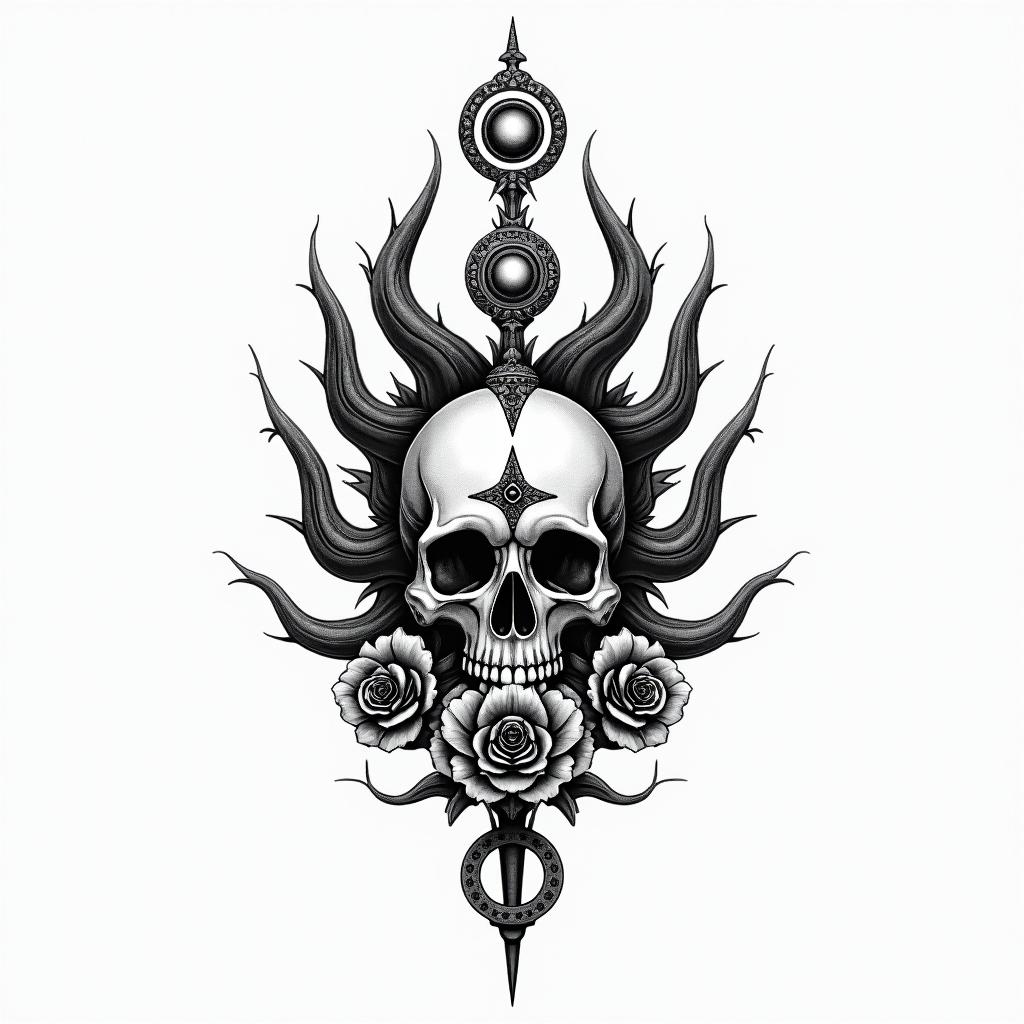 Skulls, thorns, roses, life, deathin spiritual symbols tattoo style, featuring an intricate design incorporating elements, Hamsa hand, third eye, minimalist composition