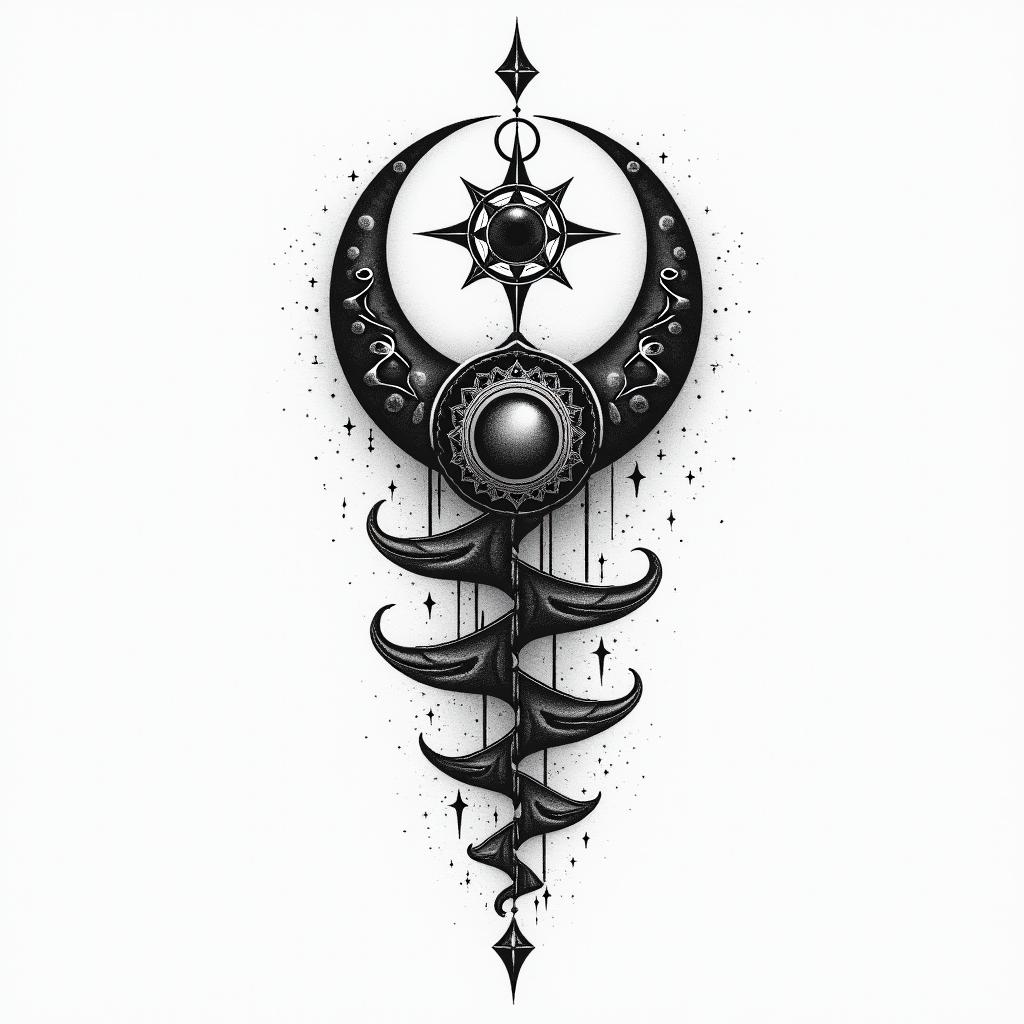 Frank William Campbell 88 moon water controlled chaosin spiritual symbols tattoo style, featuring an intricate design incorporating elements, Hamsa hand, third eye, minimalist composition