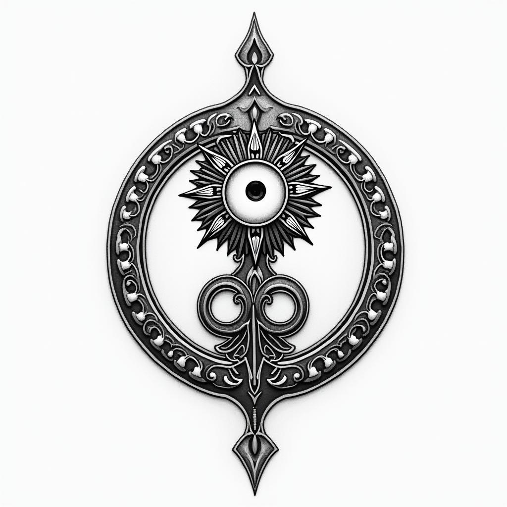 Frank William Campbell 88 moon water controlled chaosin spiritual symbols tattoo style, featuring an intricate design incorporating elements, Hamsa hand, third eye, minimalist composition - Variation 3
