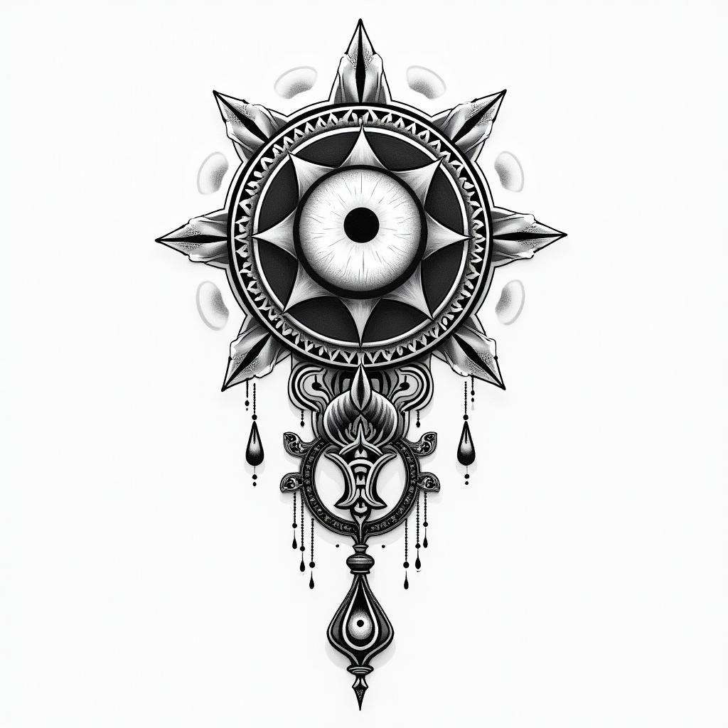 Frank William Campbell 88 moon water controlled chaosin spiritual symbols tattoo style, featuring an intricate design incorporating elements, Hamsa hand, third eye, minimalist composition - Variation 2